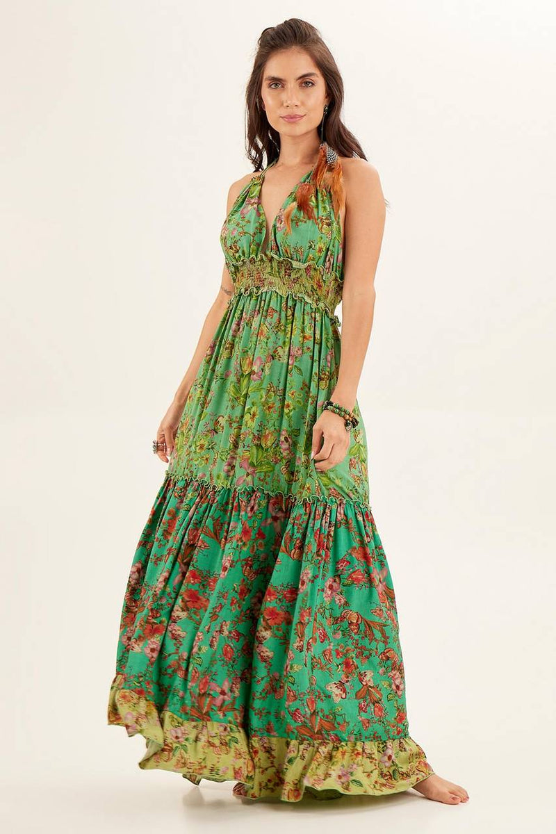 Vestido Longo De Frente Única Verde Patchwork Yacamim