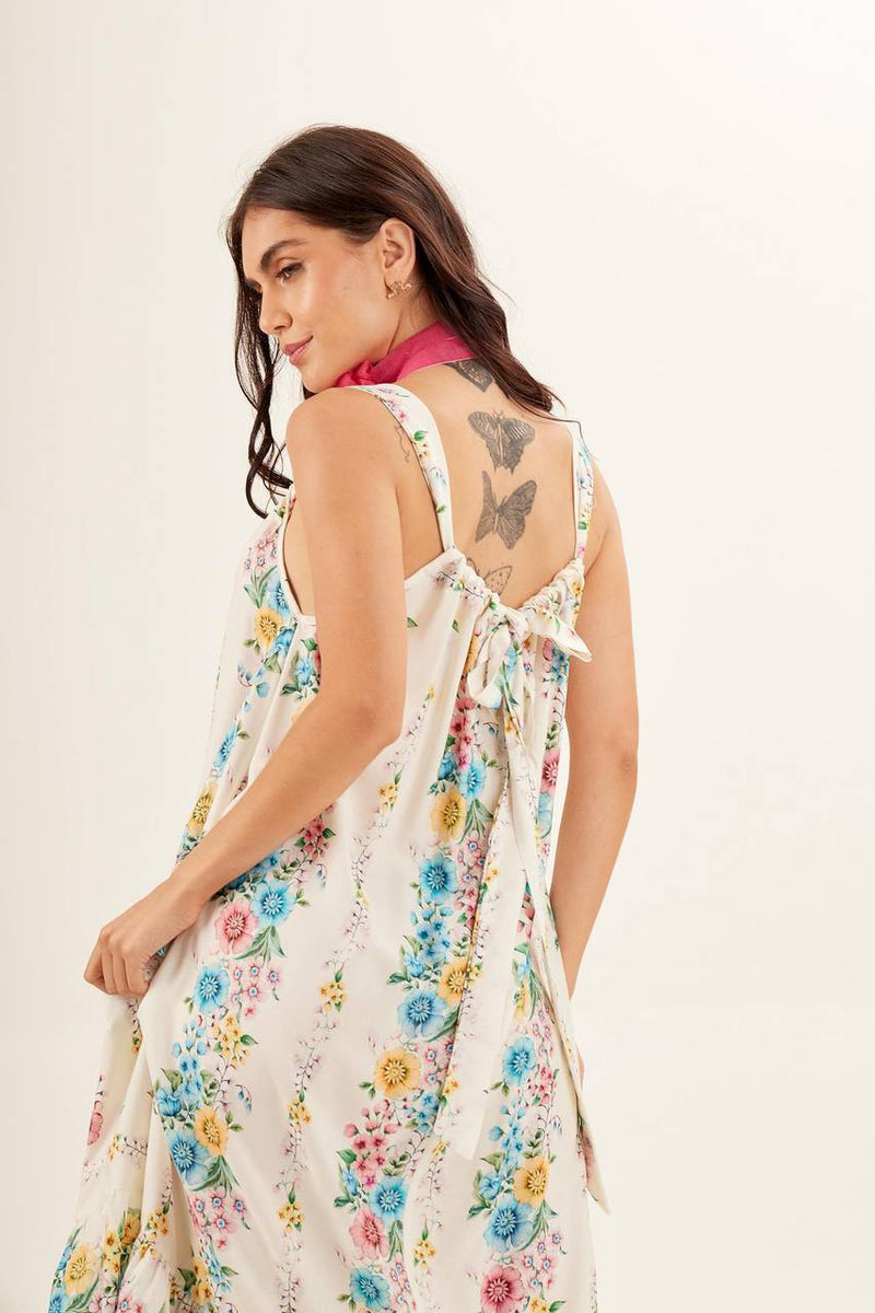 Vestido Midi Soltinho De Alças Off White Estampado Yacamim