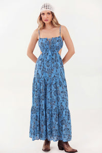 Vestido Longo Azul Estampa Paisley Yacamim E5