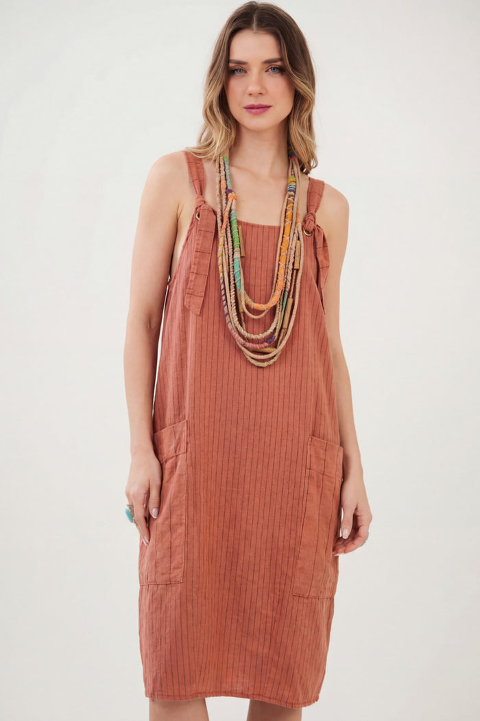 Vestido Curto Terracota Com Listras Finas Yacamim C18