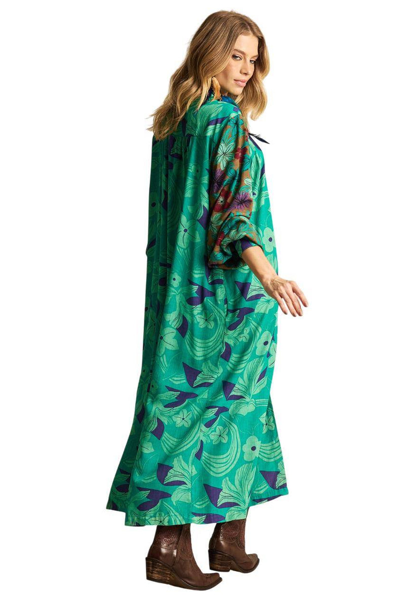 Chemise Longa Com Mangas Bufantes Verde Patchwork Yacamim P4