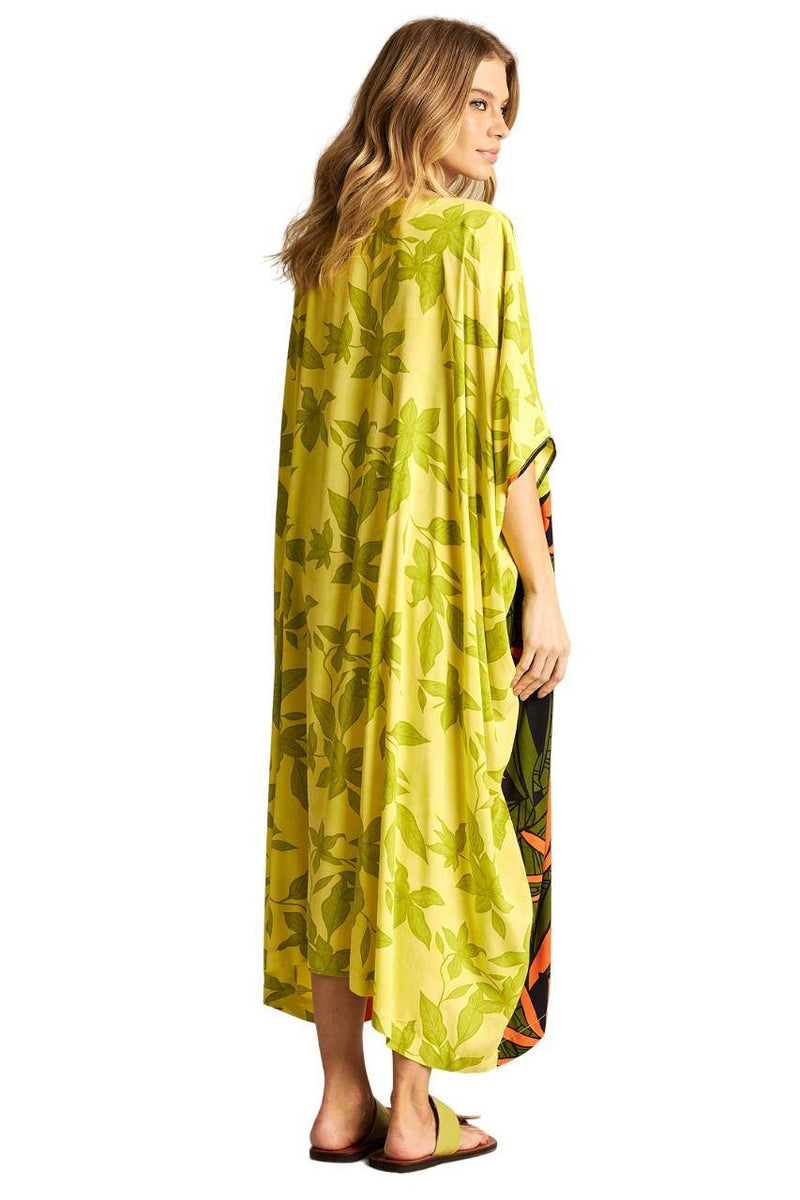 Kaftan Amplo Com Decote Em V Verde Patchwork Yacamim K4