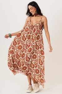 Vestido Longo Com Alças De Amarrar Bege Estampa Cashmere Yacamim E3