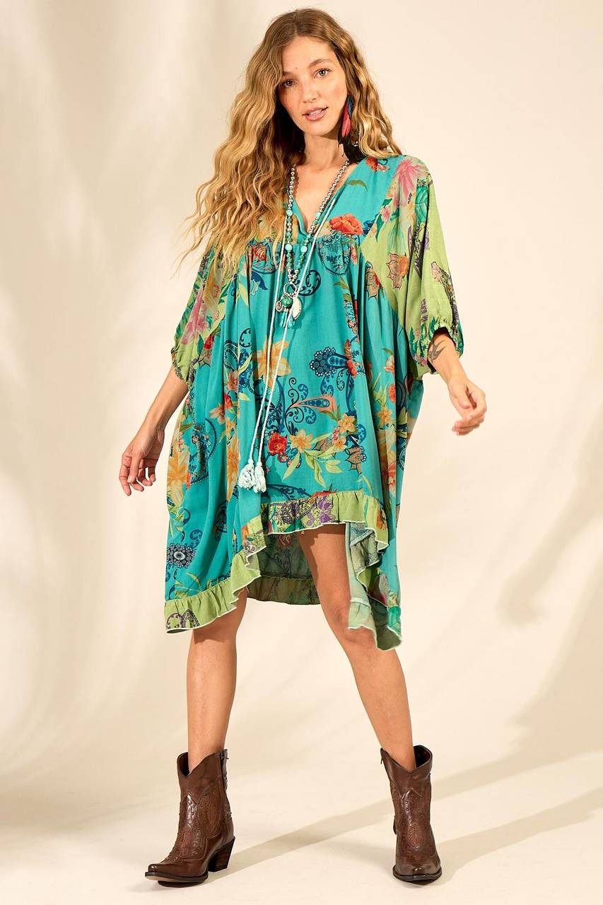 Vestido Curto Amplo Com Decote Em V Verde Patchwork Yacamim