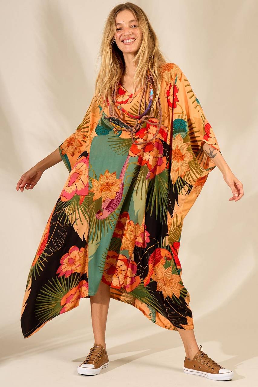 Kaftan Midi Amplo Laranja Patchwork Yacamim