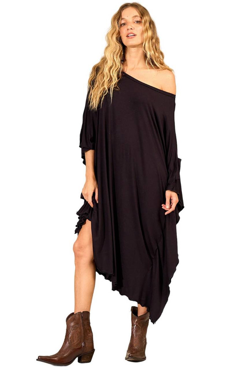 Kaftan Midi Com Gola Ampla Preto Yacamim<br /><br /><br />