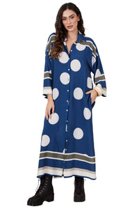 Chemise Midi Amplo Azul Escuro Estampa De Poá Yacamim N8