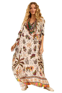 Kaftan Amplo Com Mangas 3/4 Bege Estampado Yacamim