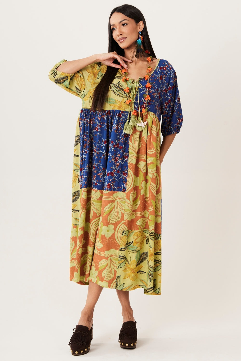 Vestido Midi Trançado Verde E Azul Patchwork Yacamim D26