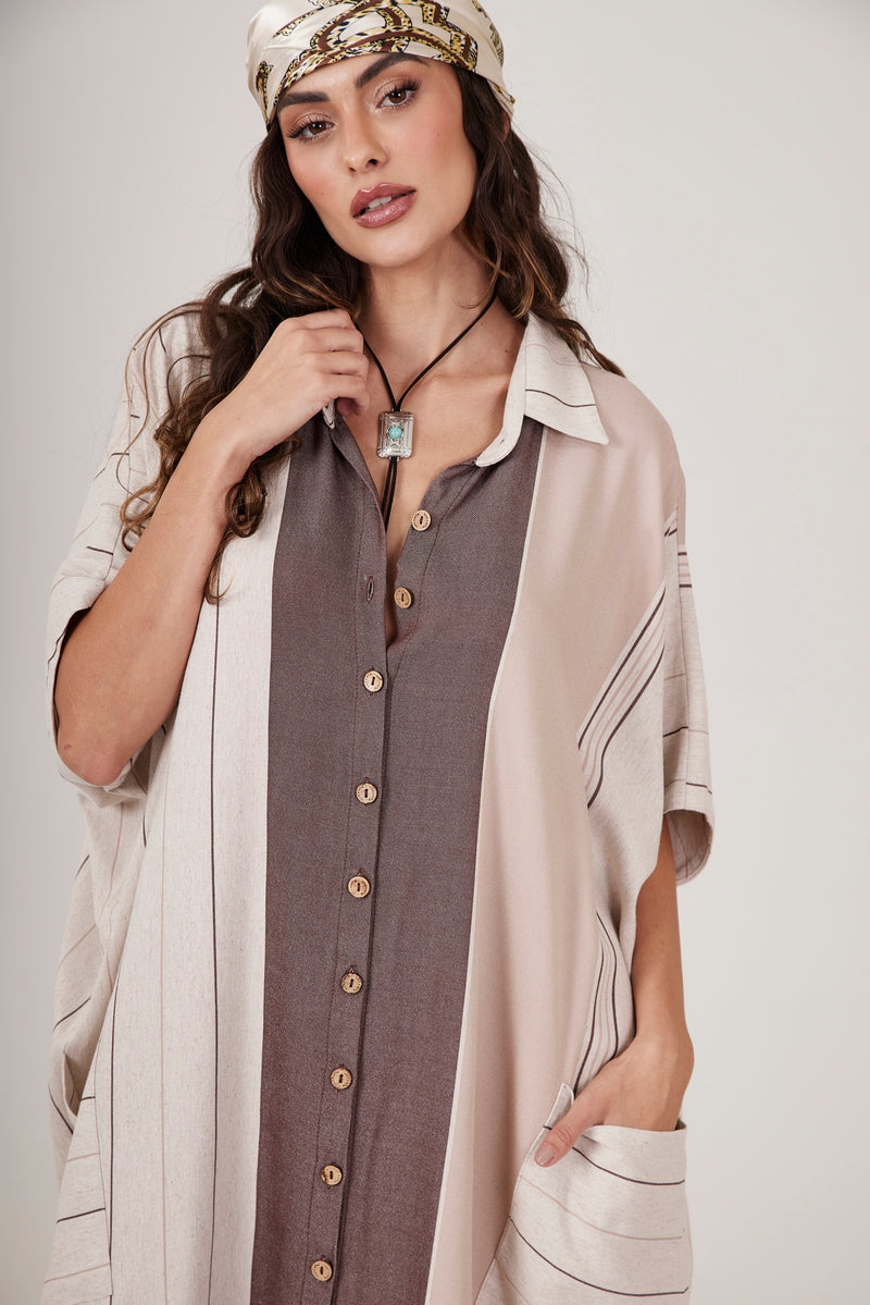 Chemise Longo Listrado Bege E Marrom Yacamim L4