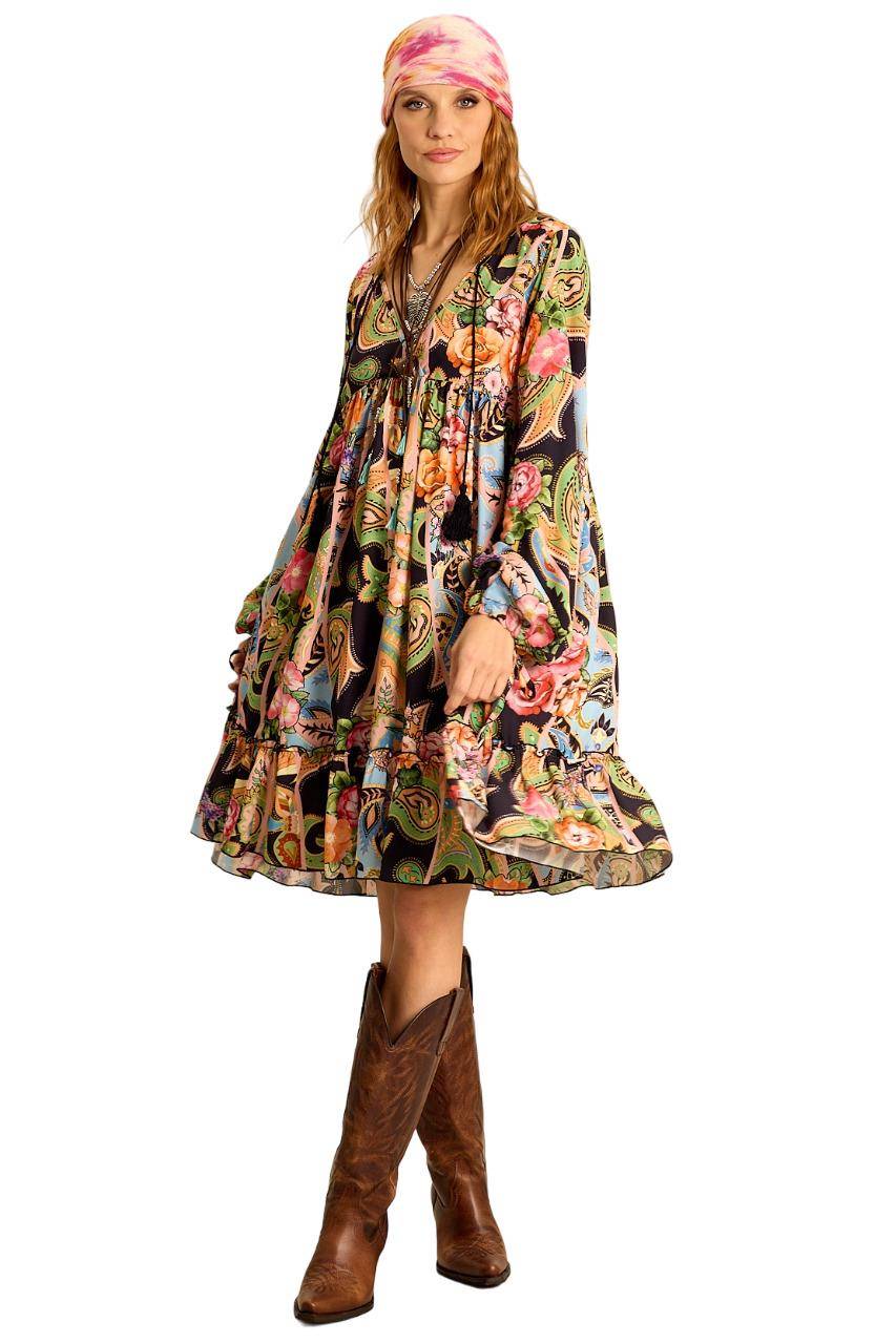 Vestido Curto Com Mangas Longas Bufantes Estampa Paisley Yacamim