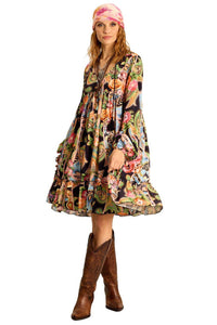 Vestido Curto Com Mangas Longas Bufantes Estampa Paisley Yacamim