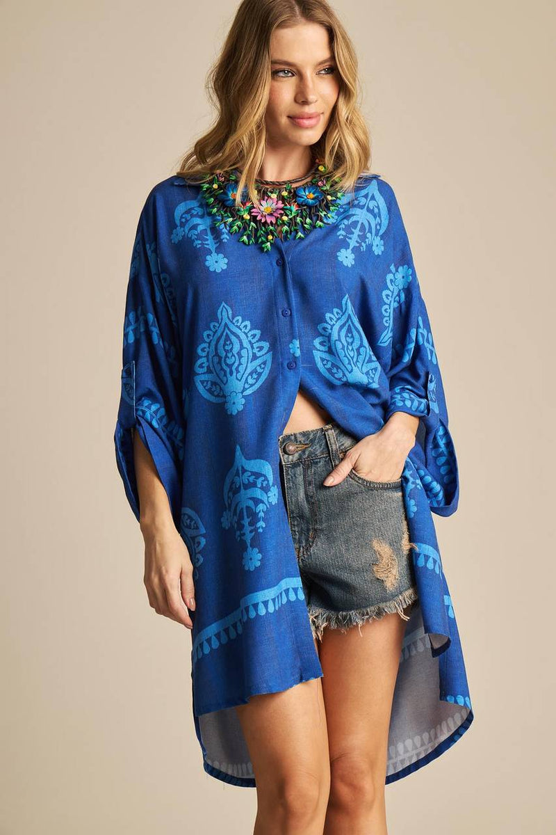 Chemise Curta Com Mangas 3/8 Azul Estampado Yacamim P5