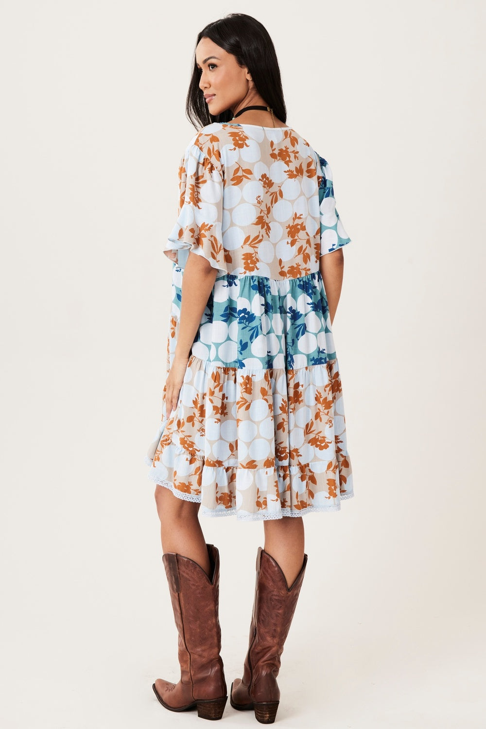 Vestido Curto Soltinho Poá Patchwork Azul Claro Yacamim C2