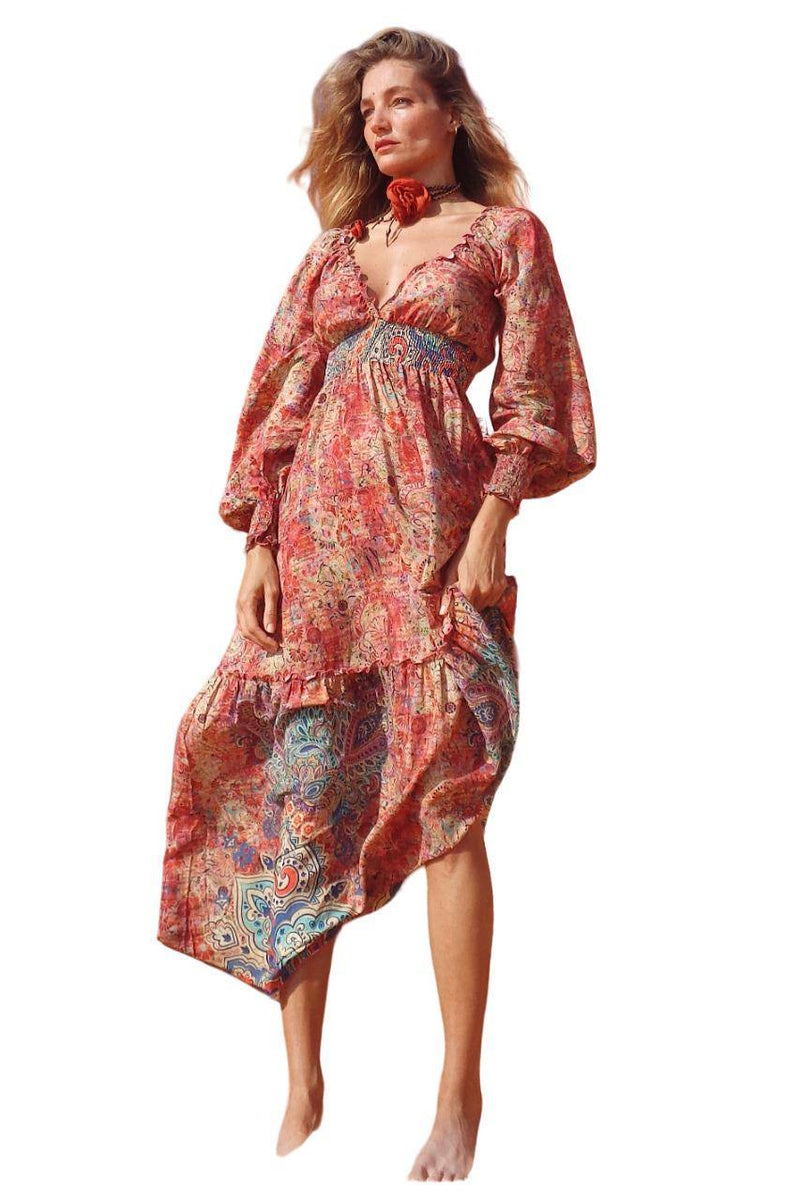 Vestido Longo Decote V Ombro A Ombro Rosa Estampado Patchwork Yacamim E11