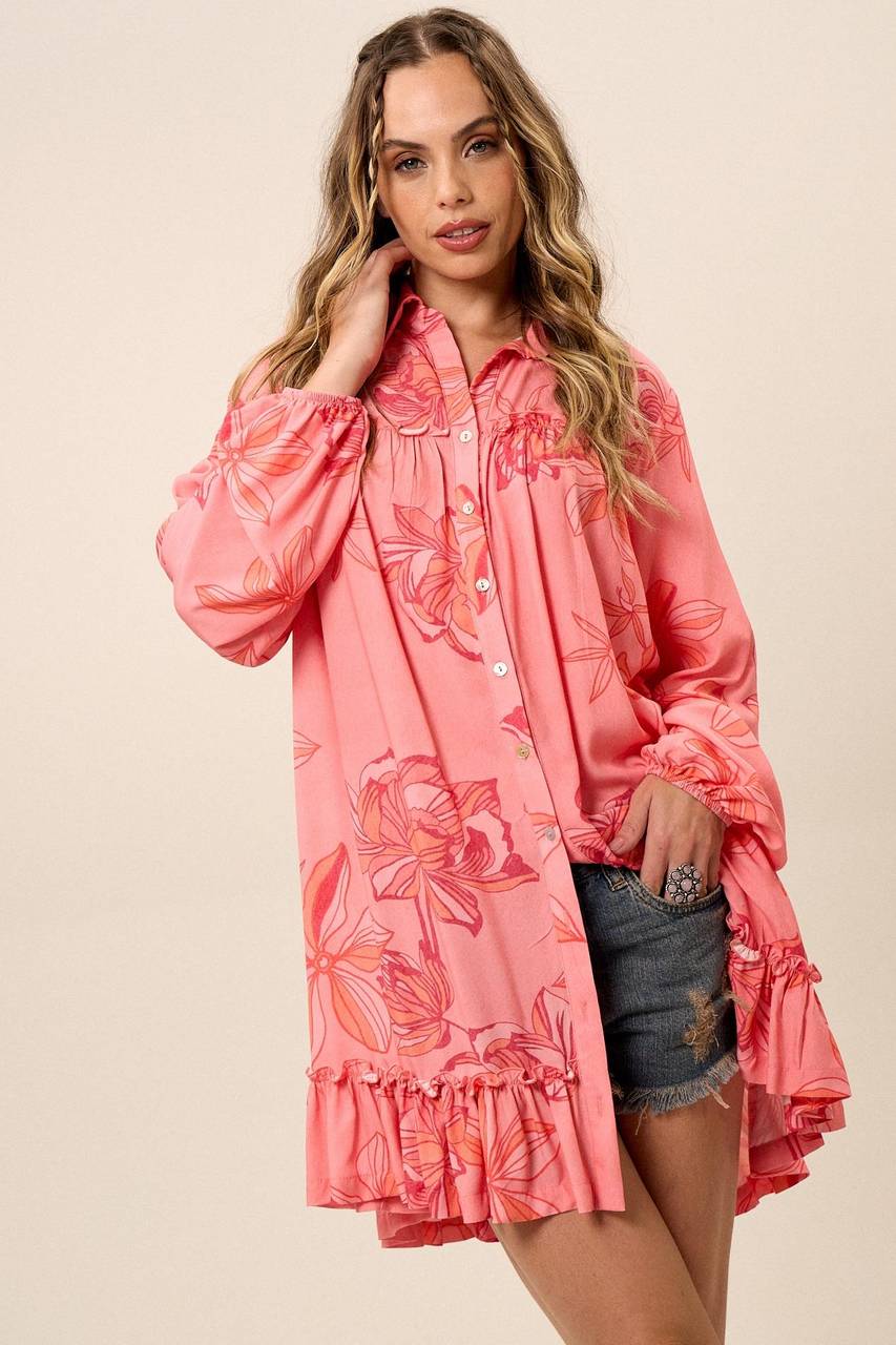 Vestido Chemise Curto Com Mangas Longas Bufantes Rosa Estampado Yacamim E17