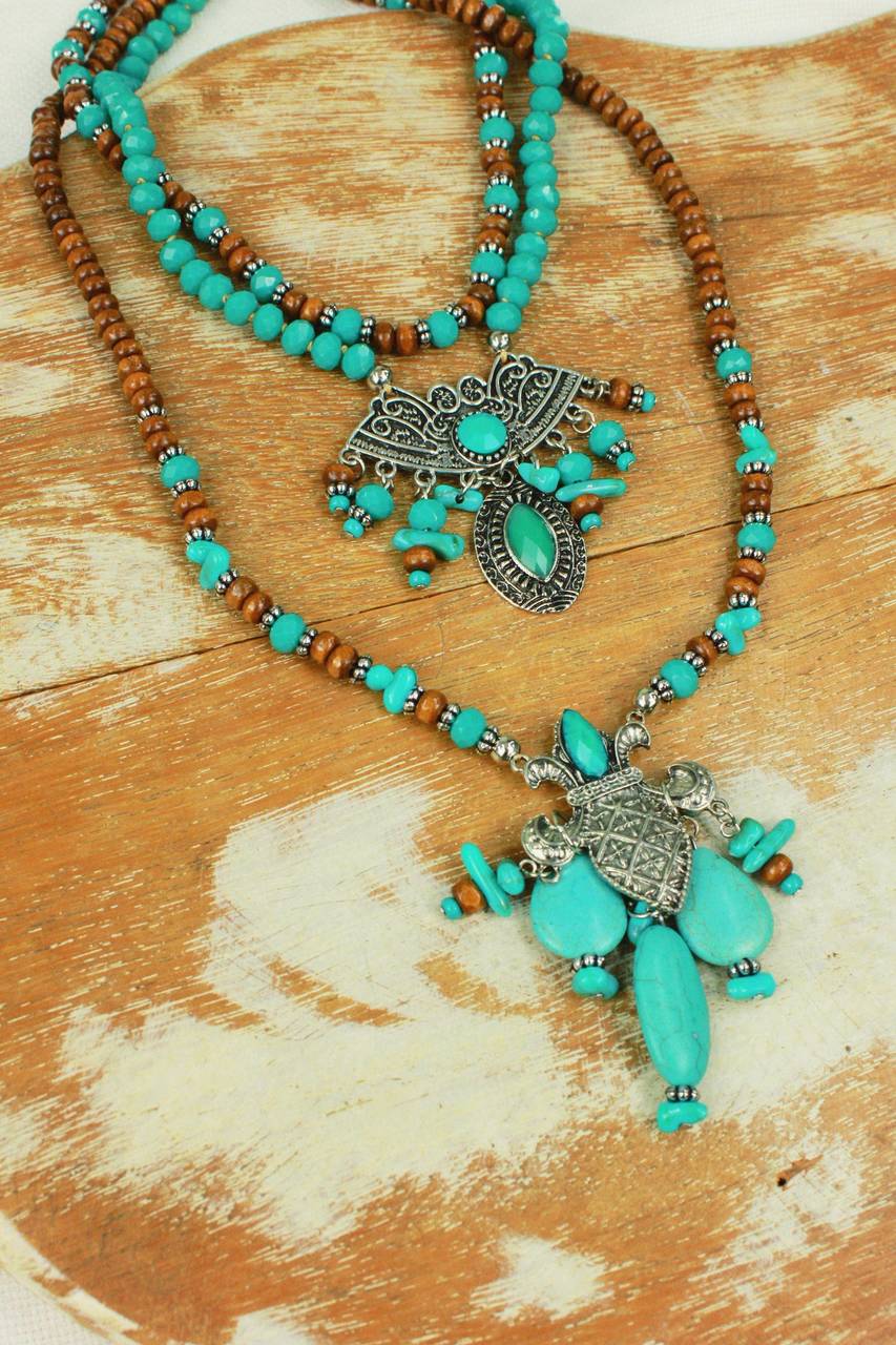 Colar Com Miçangas De Madeira E Pedras Verdes Yacamim #429