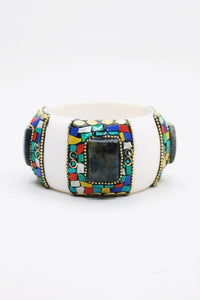 Pulseira Bracelete Largo De Cerâmica Com Pedras Yacamim #443