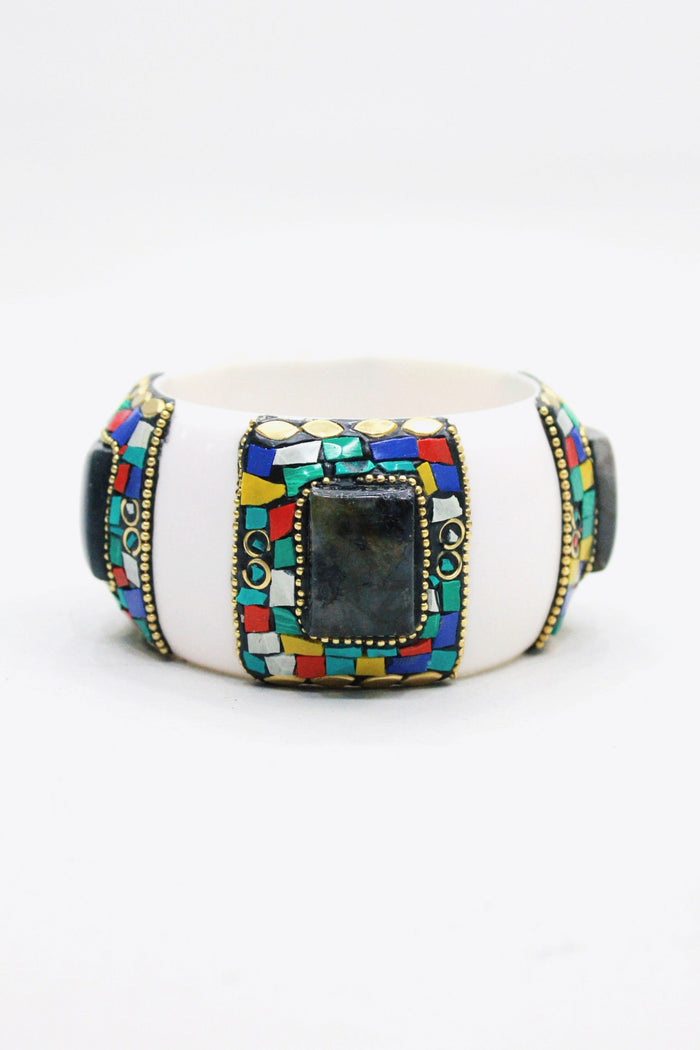Pulseira Bracelete Largo De Cerâmica Com Pedras Yacamim #443