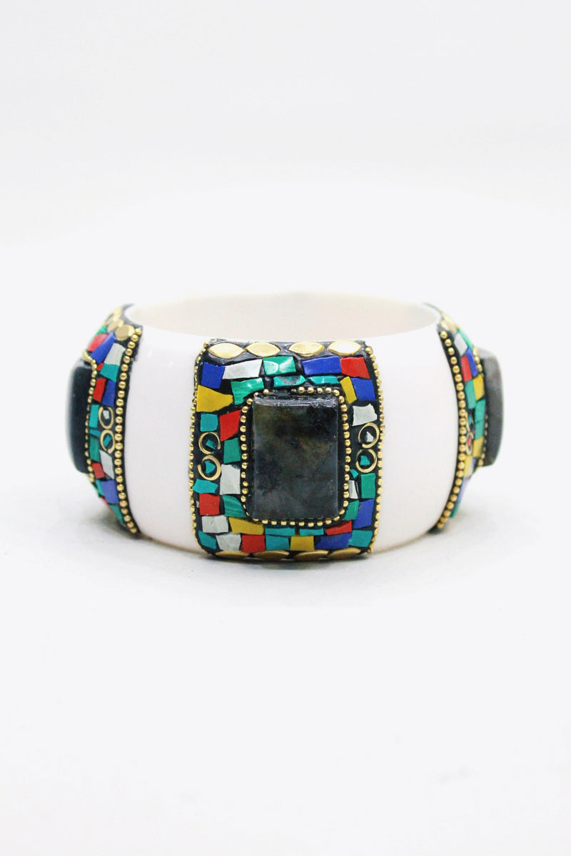 Pulseira Bracelete Largo De Cerâmica Com Pedras Yacamim #443