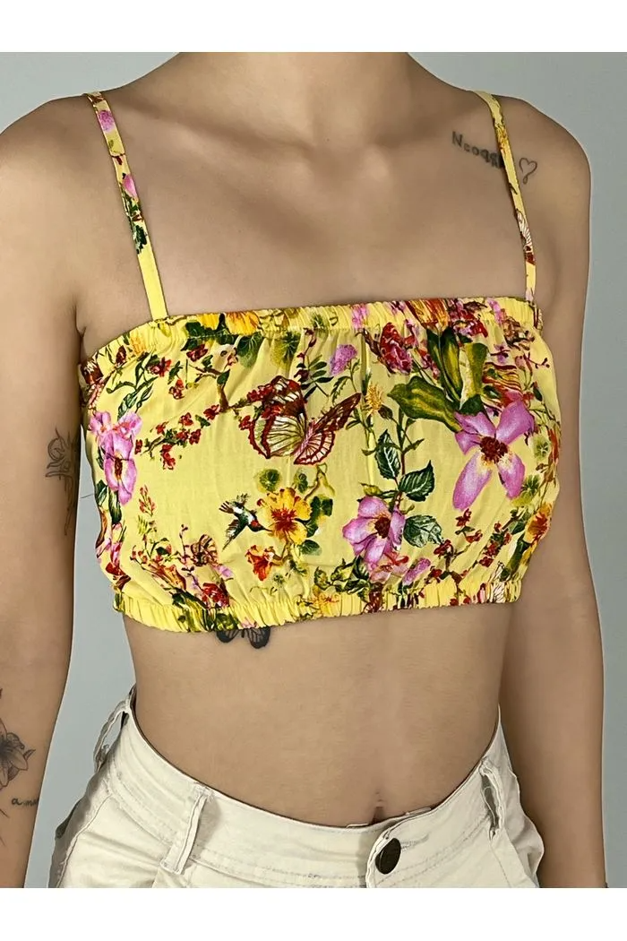 Top Faixa Com Alças Amarelo Estampado Yacamim F10