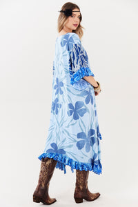 Kaftan Midi Decote Em V Azul Claro Patchwork Yacamim J8