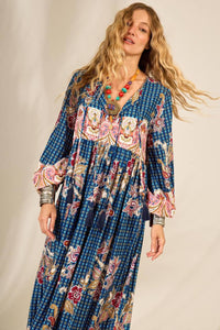 Vestido Longo Com Mangas Bufantes Azul Estampa Paisley Yacamim E2