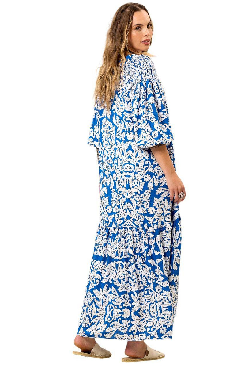 Vestido Chemise Longo Com Mangas 3/8 Raglã Azul Estampado Yacamim