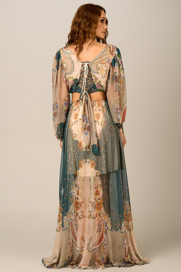 Vestido Longo De Tule Verde E Bege Estampa Paisley Yacamim E23