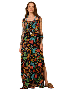 Vestido Longo De Alças Largas Preto Estampado Yacamim E22