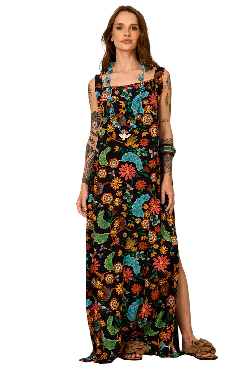 Vestido Longo De Alças Largas Preto Estampado Yacamim E22