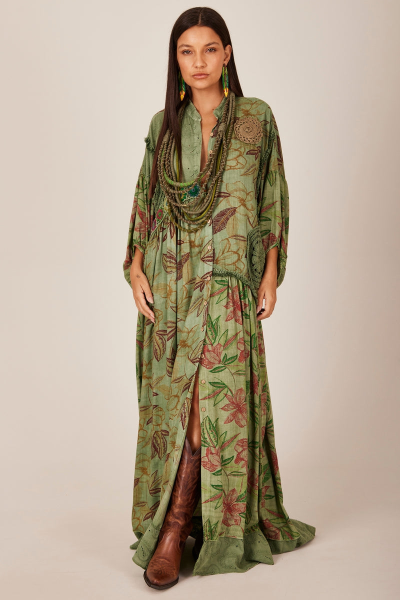 Vestido Longo Com Crochê Verde Patchwork Yacamim C26