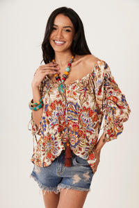 Bata Ciganinha Com Mangas Longas Bege Estampado Yacamim B5