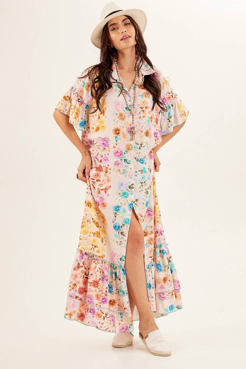 Vestido Chemise Longo Bege Estampa Floral Yacamim