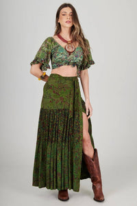 Saia Longa Transpassada Verde Patchwork Yacamim A38