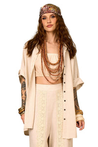 Camisa De Linho Com Mangas 3/4 Bege Nature Yacamim a28