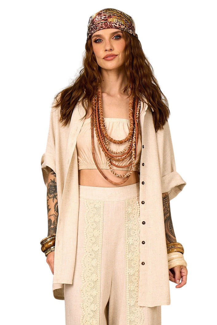 Camisa De Linho Com Mangas 3/4 Bege Nature Yacamim a28