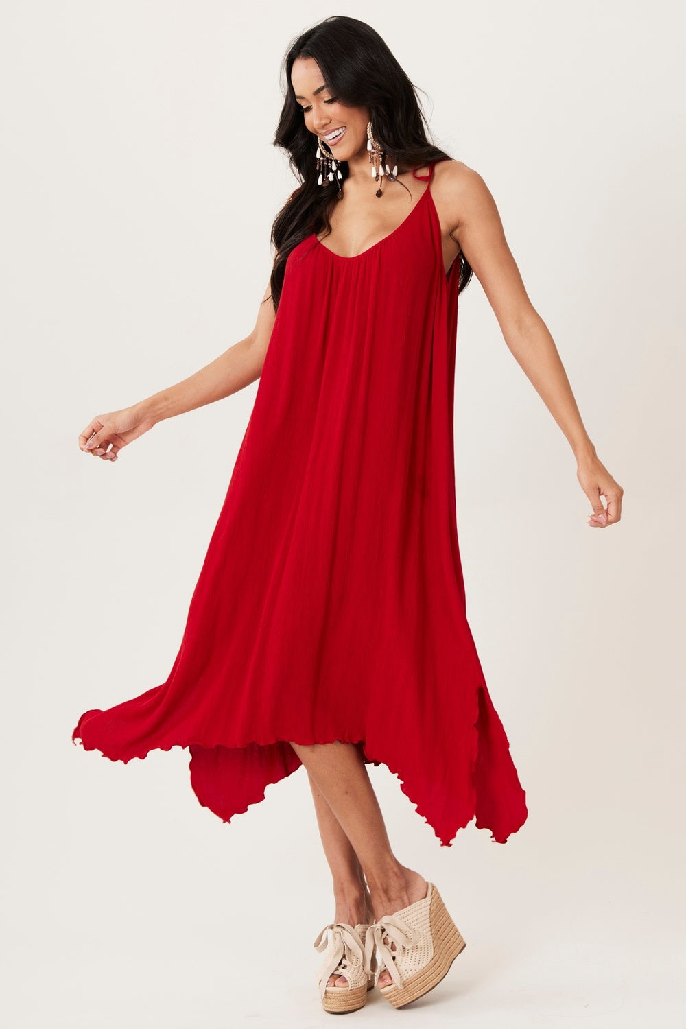 Vestido Midi Com Alças De Amarrar Vermelho Yacamim C20