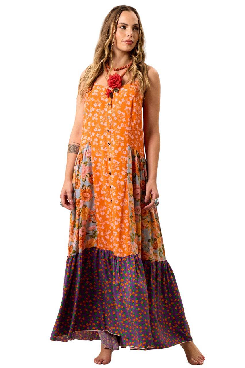 Vestido Longo De Alças Com Fechamento De Botões Laranja Patchwork Yacamim K3