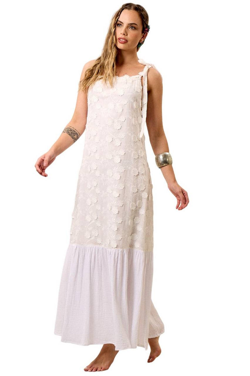 Vestido Longo Com Alças De Amarrar E Flores Bordadas Branco Yacamim