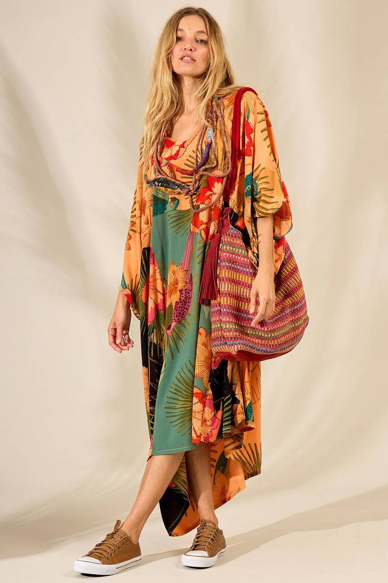 Kaftan Midi Amplo Laranja Patchwork Yacamim