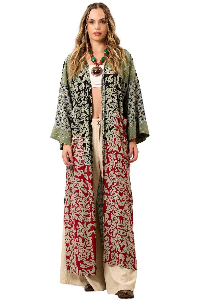 Kimono Longo Com Mangas Longas Amplas Verde Patchwork Yacamim