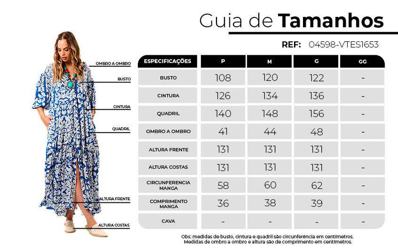 Vestido Chemise Longo Com Mangas 3/8 Raglã Azul Estampado Yacamim