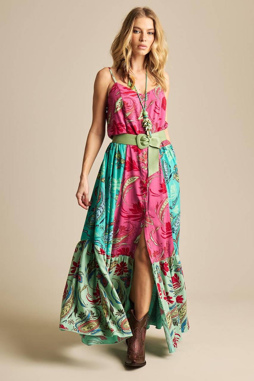 Vestido Longo Com Alças Reguláveis Rosa E Verde Patchwork Yacamim D20