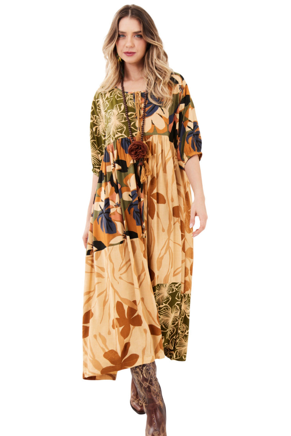 Vestido Midi Marrom Claro Patchwork Yacamim D1