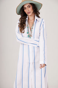 Chemise Midi Listrada Branca Com Azul Estampado Yacamim M7