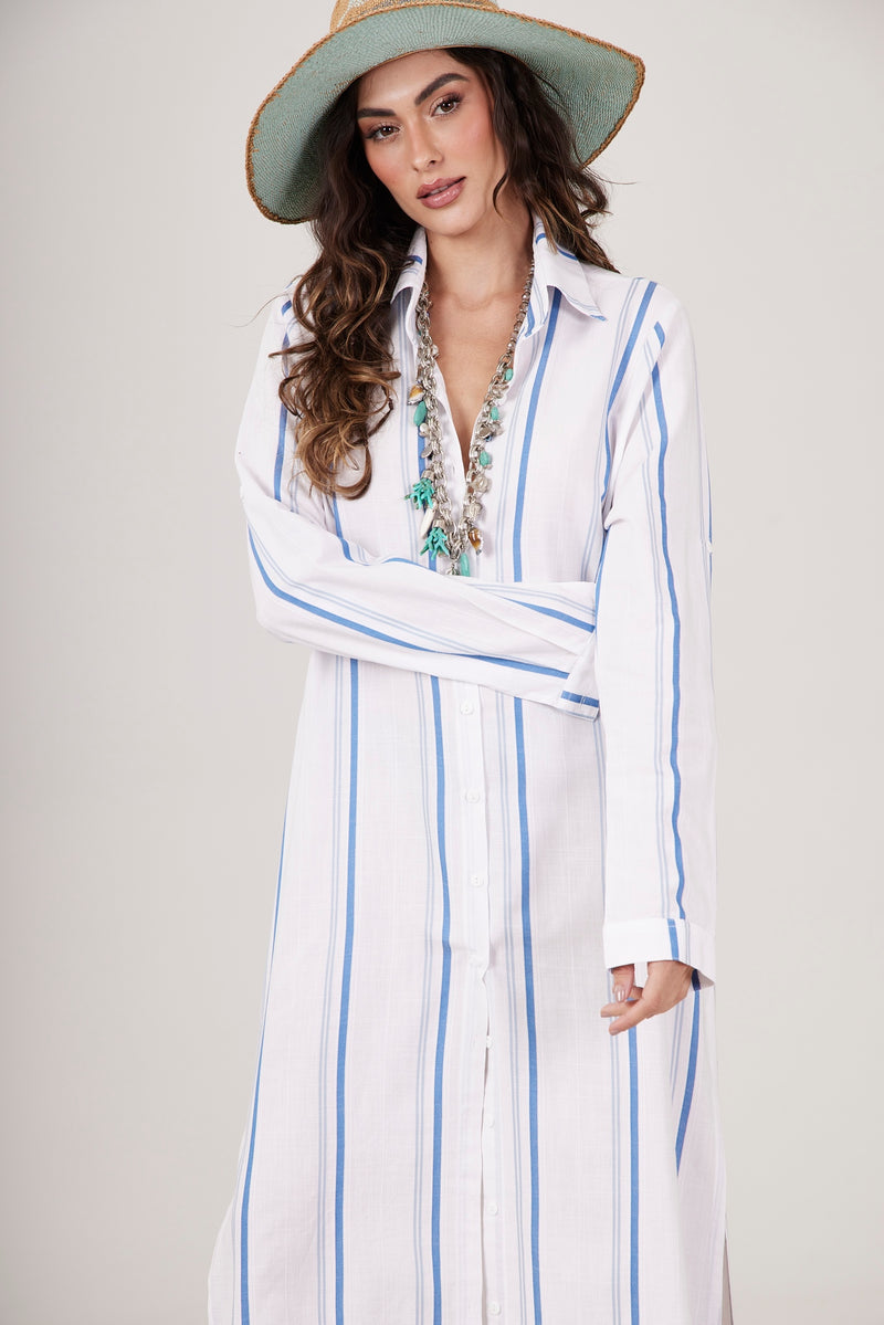 Chemise Midi Listrada Branca Com Azul Estampado Yacamim M7