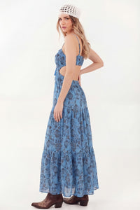 Vestido Longo Azul Estampa Paisley Yacamim E5