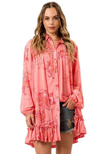 Vestido Chemise Curto Com Mangas Longas Bufantes Rosa Estampado Yacamim E17