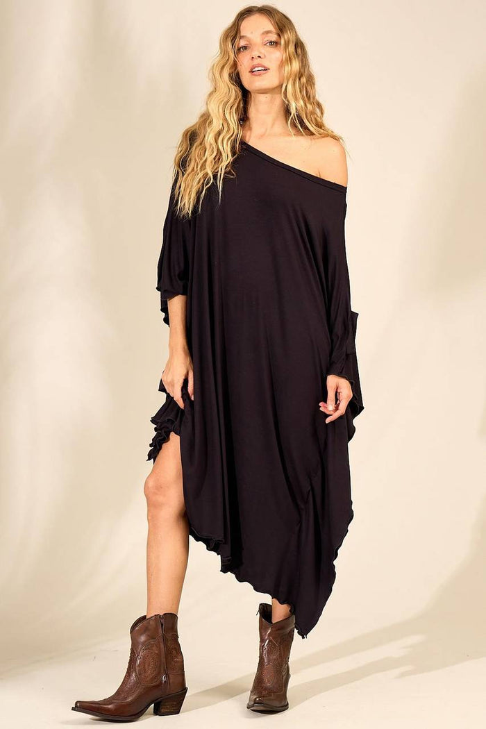 Kaftan Midi Com Gola Ampla Preto Yacamim<br /><br /><br />